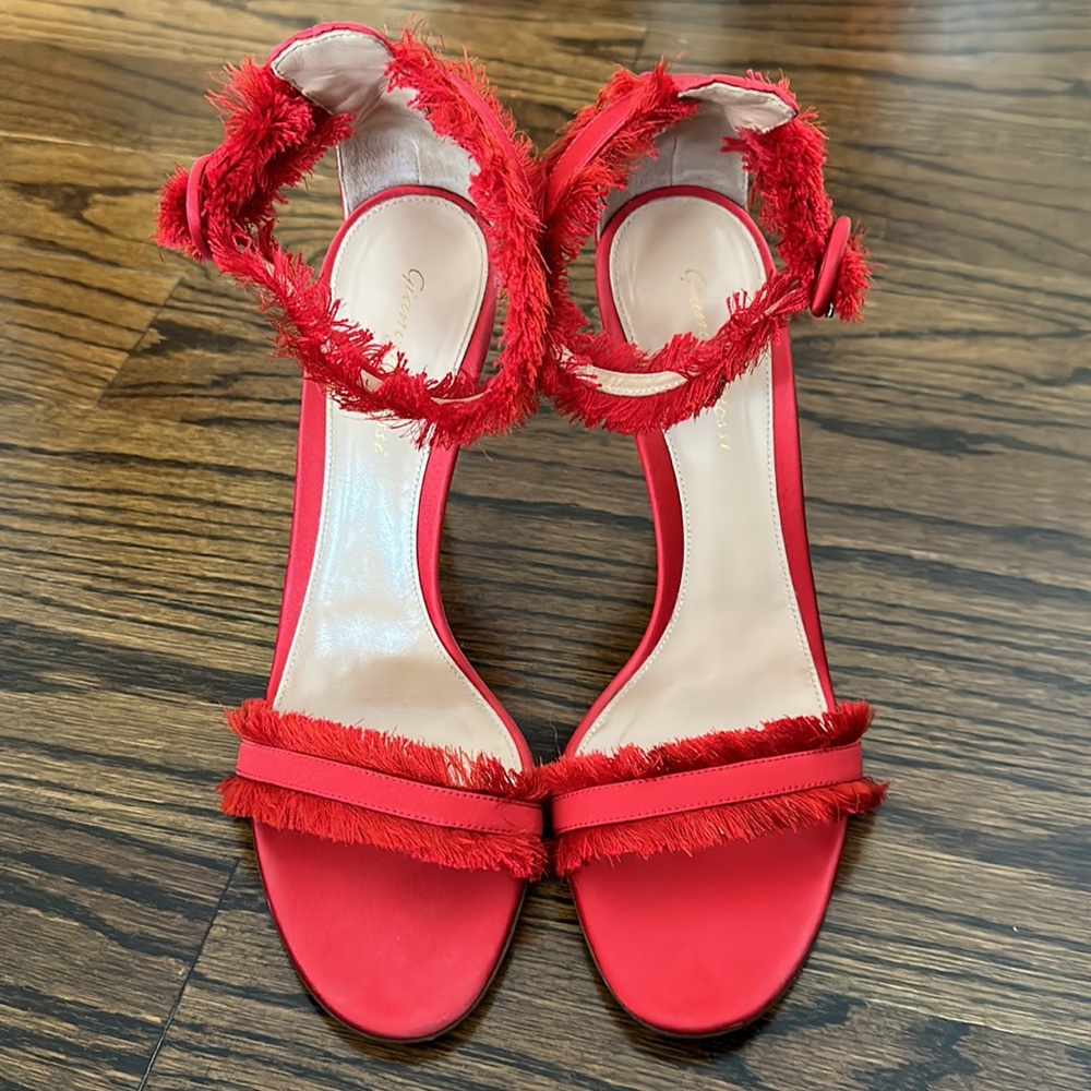GIANVITO ROSSI Caribe 105 Red Satin Fringe Trim Accent Sandals Size 40.5 - Picture 11 of 16